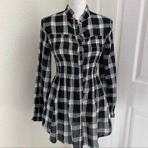 XCVI Mock Neck Checked Gingham Long Sleeve Smocked Blouse Sz XS